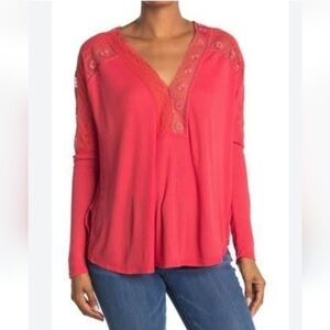 Anthropologie Free People Lola Lace Trim V-Neck Long Sleeve Rose Crimson Size XS
